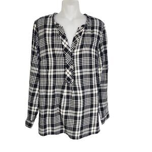 Talbots Women Top Medium Black White Plaid Popover Split Neck Long Sleeve Blouse